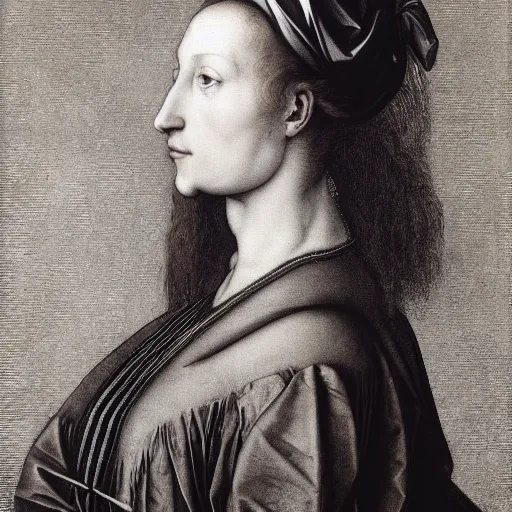 Prompt: side view portrait of kate moss by albrecht durer, william warehouse, jan van eyck