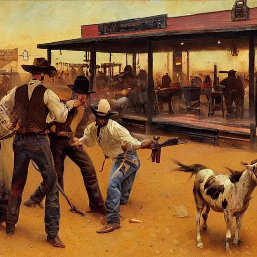 Prompt: cowboys shoot it out in a bar of a western town, 1890s, dynamic, by tom lovell and frank schoonover and dean cornwell and phil hale