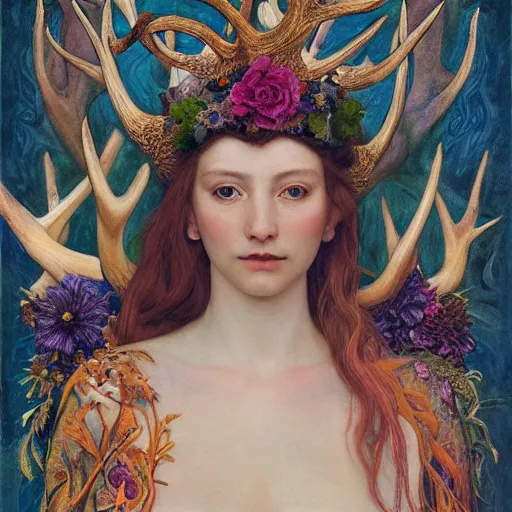 Prompt: queen of the forest wearing an antler crown, by Annie Swynnerton and Nicholas Roerich and (((Donato Giancola))), embroidered robes, floral tattoos, bioluminescent skin!, elaborate costume, geometric ornament, symbolist, soft colors, dramatic lighting, smooth, sharp focus, extremely detailed