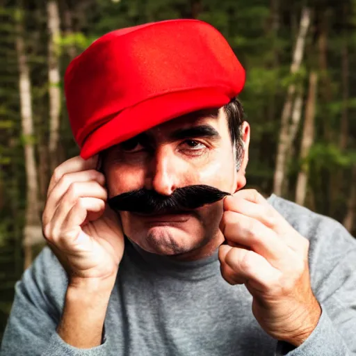 Prompt: italian man with a mustache dressed as mario wearing a solid red mario hat crying tears of joy hugging a fly agaric, in a forest, photography