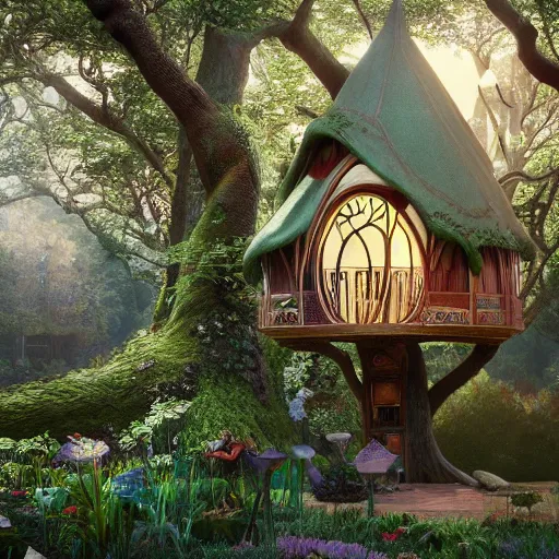 Prompt: art nouveau seating area in a fairy treehouse, cinematic scene, pools of light, velvet curtains hanging from trees, hazy light coming through windows, whimsical, hyper - realistic, hypermaximalist, detailed, atmospheric, 8 k, octane render, unreal engine, designed by dior, inspired by hayao miyazaki, wex digital, photographed by arivetere