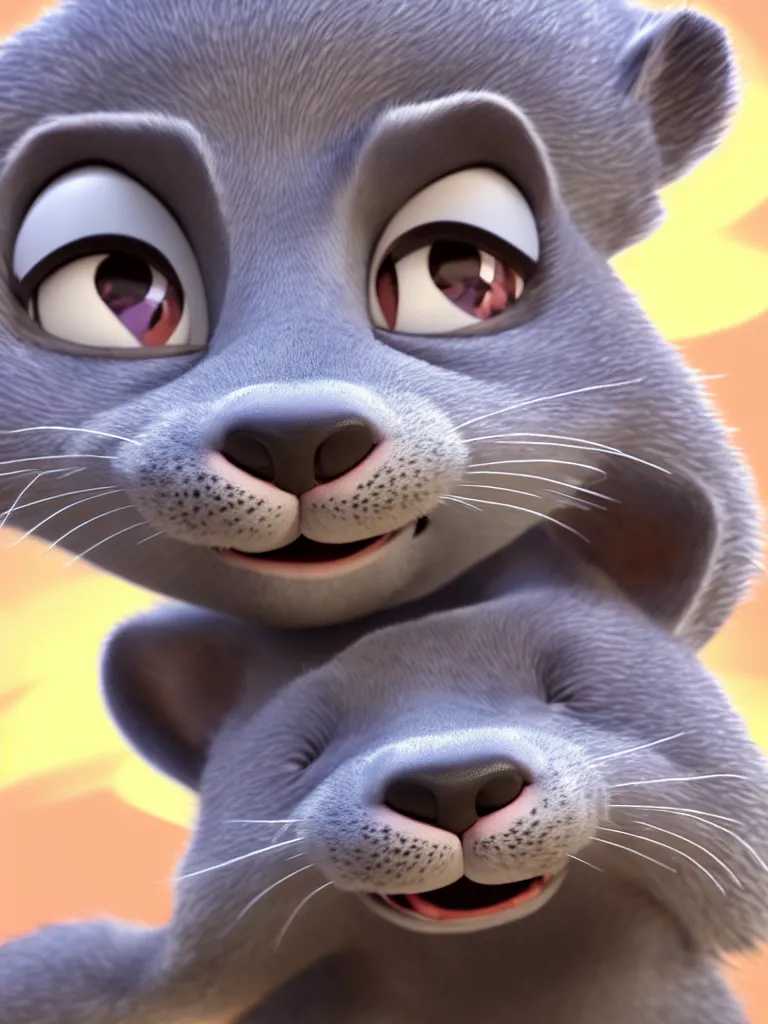 Image similar to portrait of a very cute gray otter in the style of zootopia. volumetric lighting, subsurface scattering, hyperrealistic, render, hyperdetailed