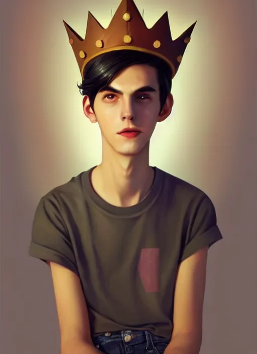 Image similar to portrait of teenage jughead jones wearing a light grey crown, crown, hamburger background, eyes closed, crown, black hair, intricate, elegant, glowing lights, warm lighting, highly detailed, digital painting, artstation, concept art, smooth, sharp focus, illustration, art by wlop, mars ravelo and greg rutkowski