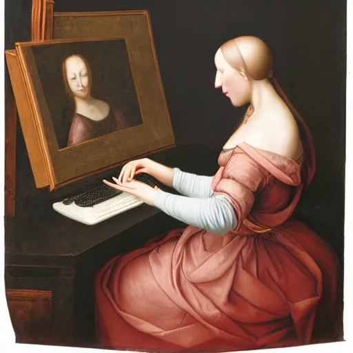 Prompt: Renaissance oil painting, full room view, skinny female artist back view, dark hair, pale grey babydoll dress, sleeveless, ruffle shoulders, typing on a computer keyboard facing a giant wall size computer screen