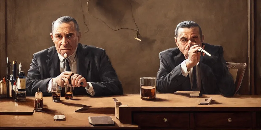 Image similar to beautiful oil matte portrait painting, mafia boss holding a cigar and drinking whiskey at his 5 0 s new york office desk, wonderful masterpiece highly detailed, beautiful cinematic light deep focus, elegant, digital painting, smooth, sharp focus, golden ratio, dramatic illumination, ultra realistic, 8 k, art by jimmy law