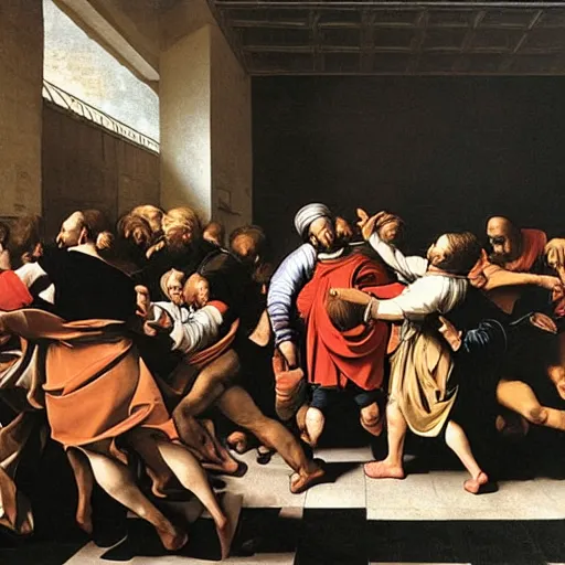 Prompt: the initial rush on black friday, by caravaggio