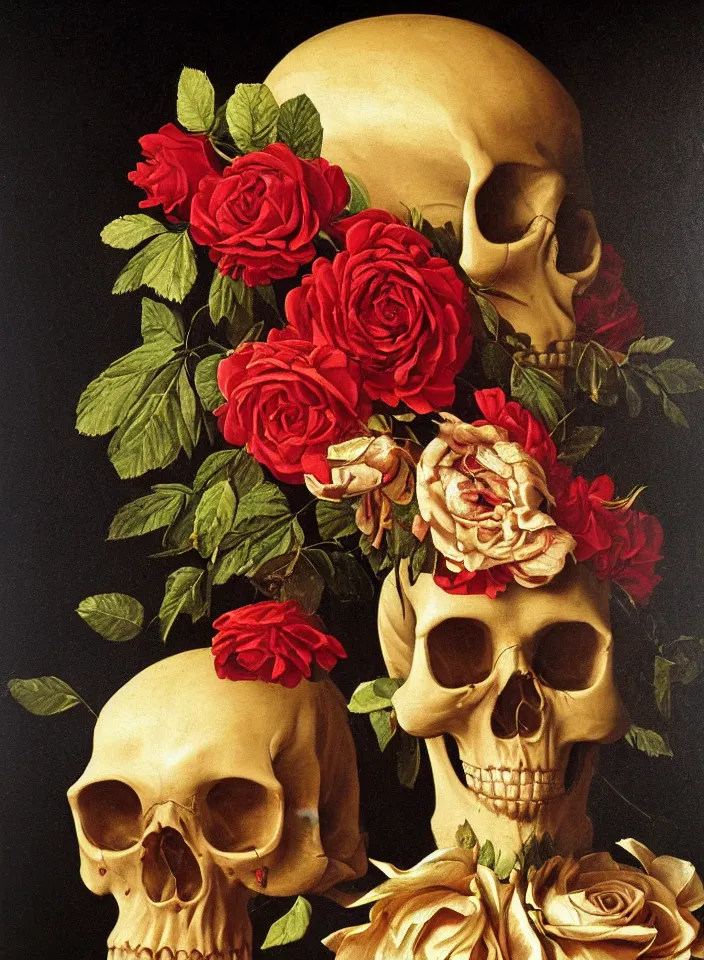 Prompt: portrait of a golden skull with a wreath of roses and a dress of rose petals, oil painting in a renaissance style , very detailed, painted by Caravaggio.