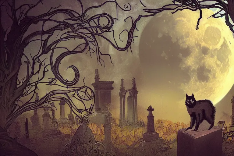 Image similar to an ultra detailed animation of a black cat in a graveyard at midnight on halloween tattoo, digital art, dark fantasy, concept art, soulslike, by alphonse mucha, blood moon eclipse, ruined building in the background, artstation, 8 k, unreal engine render