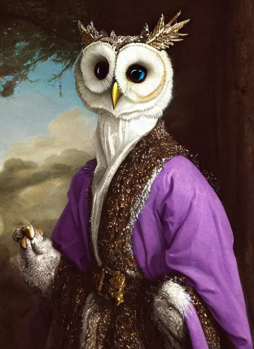 Image similar to close-up portrait of anthropomorphic owl Prince, man with a head of barn owl, glowing eyes, in a crown, soft glowing, wearing long royal robe, lilac, silver, black, bokeh, blurred space, stars, dreamy, romantic, painting in the museum, highly detailed, sharp focus, digital painting, artwork, by John James Audubon by Victor Adame Minguez by Yuumei by Tom Lovell by Sandro Botticelli