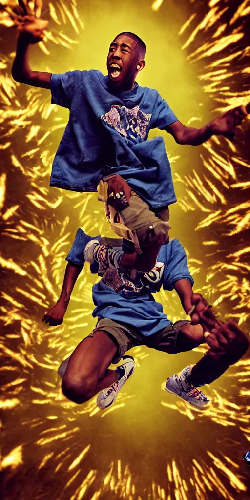 Image similar to cinematic shot epic portrait tyler the creator kicking his fans on stage, hyper realistic, mood lighting, fantasy, detailed face, highly detailed, super realistic, perfect lighting pixel sorting