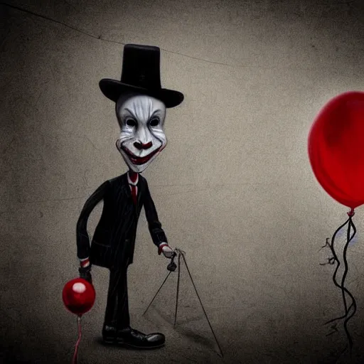 Prompt: surrealism grunge cartoon portrait sketch of the slender man with a wide smile and a red balloon by - michael karcz, loony toons style, pennywise style, horror theme, detailed, elegant, intricate