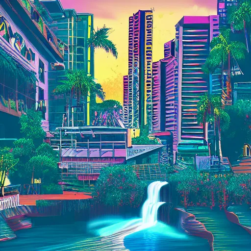 Prompt: ancient latin american cityscape with waterfalls,digital art,retrowave style