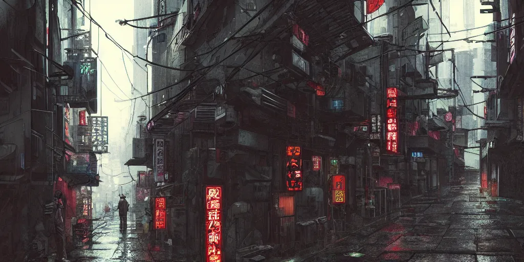 Image similar to Cyberpunk back alley on a rainy day in Japan, low angle view, detailed matte painting, cinematic, Moebius, Artstation