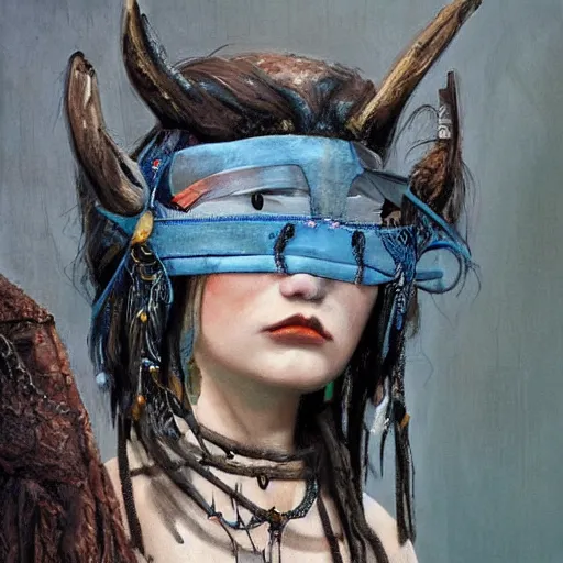 Image similar to A young blindfolded shaman woman with a decorated headband, in the style of heilung, blue hair dreadlocks and wood on her head., made by karol bak