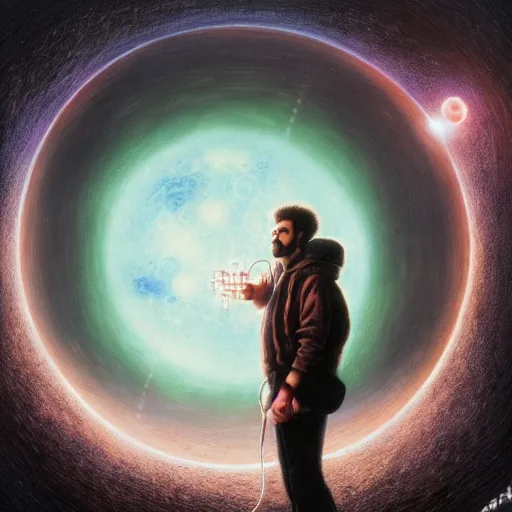 Prompt: an annoyed curly - haired persian guy programmer programming a a world bubble in the void by david a hardy, noriyoshi ohrai, gary ruddell, greg rutkowski highly detailed, cinematic composition, trending on artstation