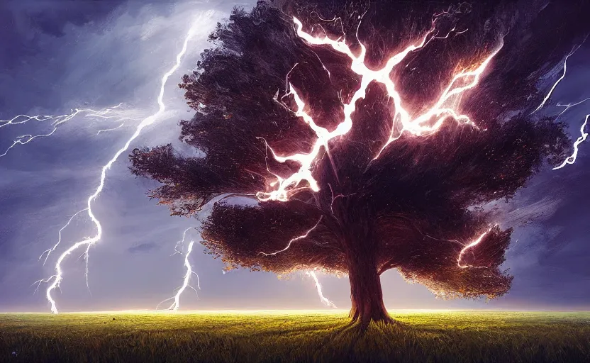 Image similar to lightning strikes a tree in the middle of a field, fantastic landscape, hyperrealism, no blur, 4k resolution, ultra detailed, style of Anton Fadeev, Ivan Shishkin, John Berkey