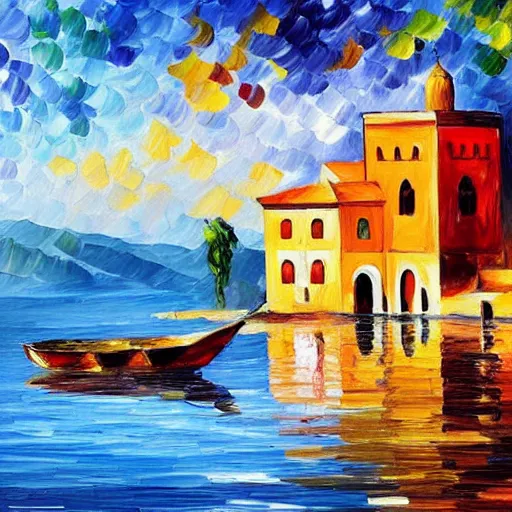 Prompt: a moroccan house on the lake, by leonid afremov