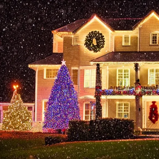 Image similar to a big wonderful house in the american suburbs decorated in christmas lights, shot from across the street, during the night, snow is falling to the ground