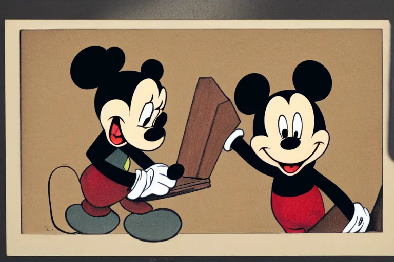 Image similar to courtroom sketch of vintage disney character mickey mouse presenting evidence of copyright infringement to the judge bench court room wooden serious dark tone