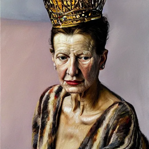 Image similar to high quality high detail painting by lucian freud, hd, exaggerated portrait of a beauty queen, photorealistic lighting