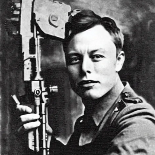 Image similar to old wartime photograph of elon musk holding a lewis gun, 1 9 1 7