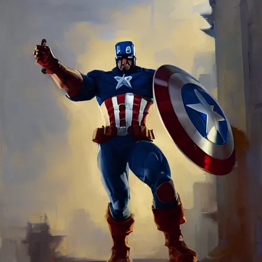 Image similar to greg manchess portrait painting of heavily armored captain america as overwatch character, totally whack, medium shot, asymmetrical, profile picture, organic painting, sunny day, matte painting, bold shapes, hard edges, street art, trending on artstation, by huang guangjian and gil elvgren and sachin teng