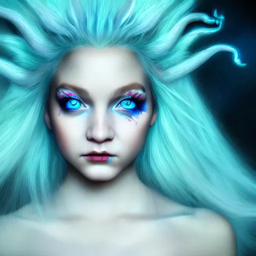 Image similar to The dragon girl portrait, portrait of young girl half dragon half human, dragon girl, dragon skin, dragon eyes, dragon crown, blue hair, long hair, highly detailed, cinematic lighting, Matte painting by David Lynch