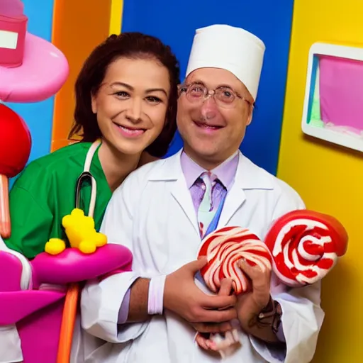 Prompt: photo of a happy patient and doctor or nurse in a hospital room made out of soft candy, candy hospital equipment, candy hospital room, candy treatments, oompa loompa virus, willy wonka pandemic