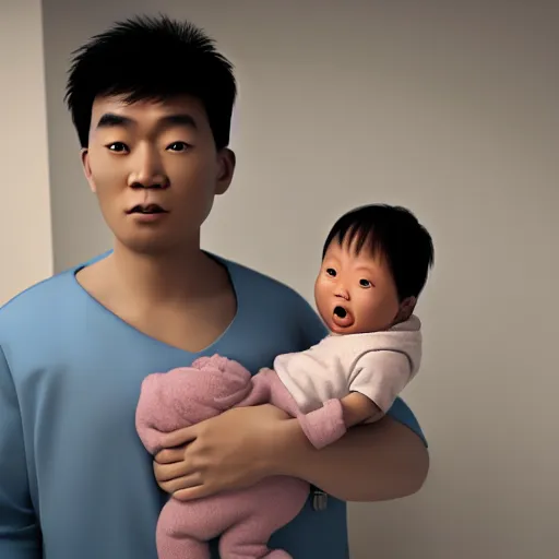 Image similar to shocked asian man holding african baby at hospital, he can ’ t believe his eyes, award winning art, pixar, 3 d render, unreal engine