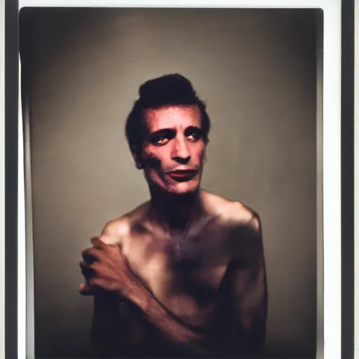 Image similar to albanian stand up comedian, 9 0 s polaroid, colored, by jamel shabbaz, robert mapplethorpe, davide sorrenti