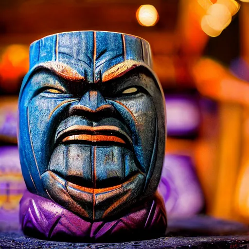 Image similar to a closeup photorealistic photograph of a thanos style tiki mug sitting at a trader vic's beach bar featuring the face of thanos. tiki party. bright scene. fine detail. this 4 k hd image is trending on artstation, featured on behance, well - rendered, extra crisp, features intricate detail, epic composition and the style of unreal engine.