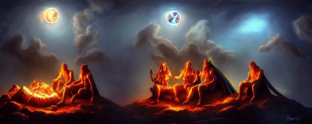 Image similar to uncanny!!! bifrost!!! mythical beasts of sitting around a fire under a full moon at bifrost, surreal dark uncanny painting by ronny khalil