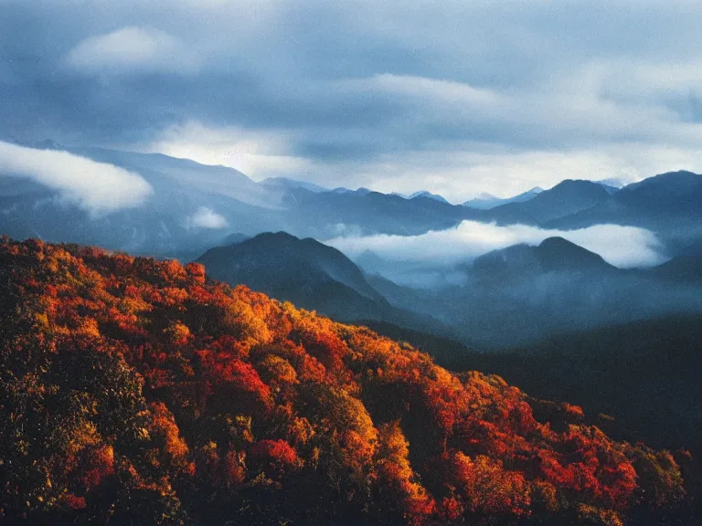 Image similar to 35mm film still magic morning light over mountains, autum, mist in valley, tropical forest, moody, by Alex grey