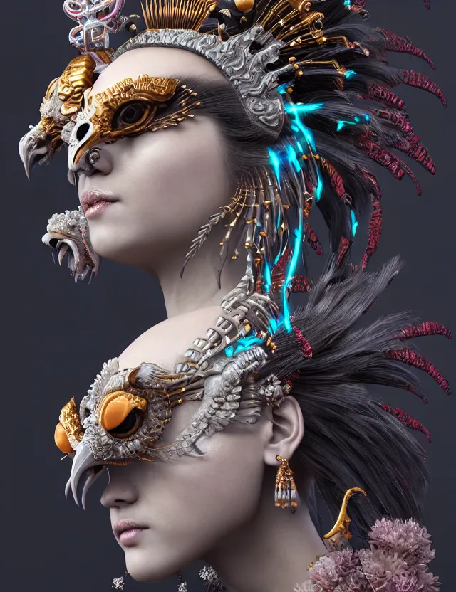 Image similar to 3 d goddess close - up profile portrait with crown, ram skull. beautiful intricately detailed cyberpunk japanese crow kitsune mask and clasical japanese kimono. betta fish, jellyfish phoenix, bio - luminescent, plasma, ice, water, wind, creature, artwork by tooth wu and wlop and beeple and greg rutkowski