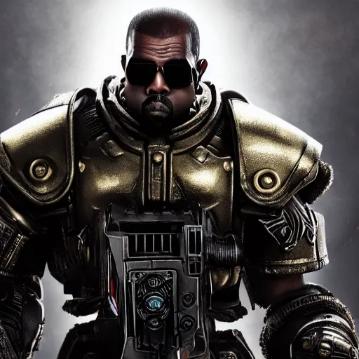 Image similar to Kanye West as 'the emperor of humanity from warhammer 40k' in 'Gears of War', splash art, movie still, cinematic lighting, detailed face, dramatic, octane render, long lens, shallow depth of field, bokeh, anamorphic lens flare, 8k, hyper detailed, 35mm film grain