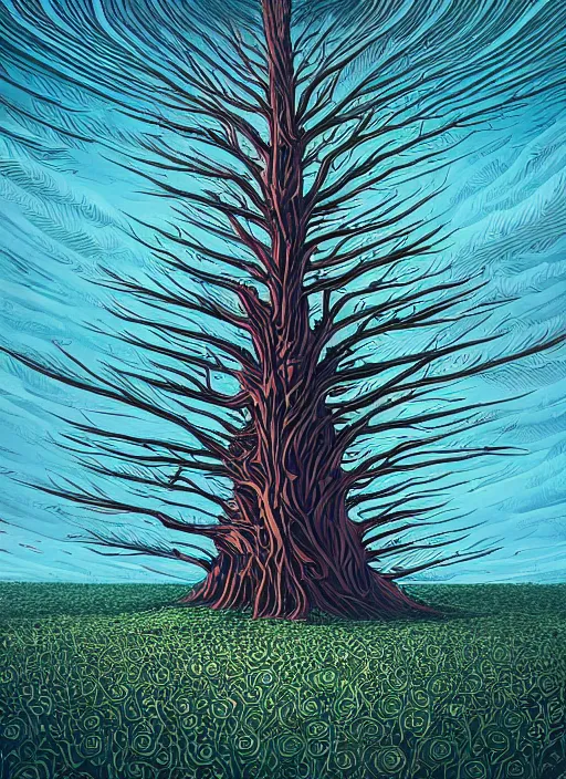 Image similar to a painting of a strange looking tree in the middle of a field, poster art by kilian eng, behance contest winner, fantasy art, lovecraftian, cosmic horror, apocalyptic landscape