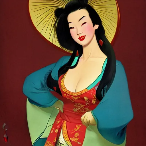 Image similar to full body portrait of mulan by gil elvgren