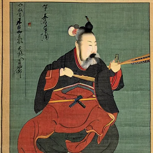 Prompt: ancient chinese painting of Genghis Khan smoking a joint and a playing a lute