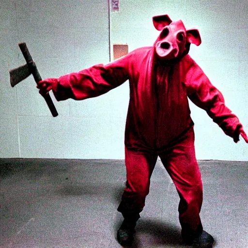 Image similar to creppy 2 0 0 3 photo of a pig masked man screaming in a dark red slaughterhouse