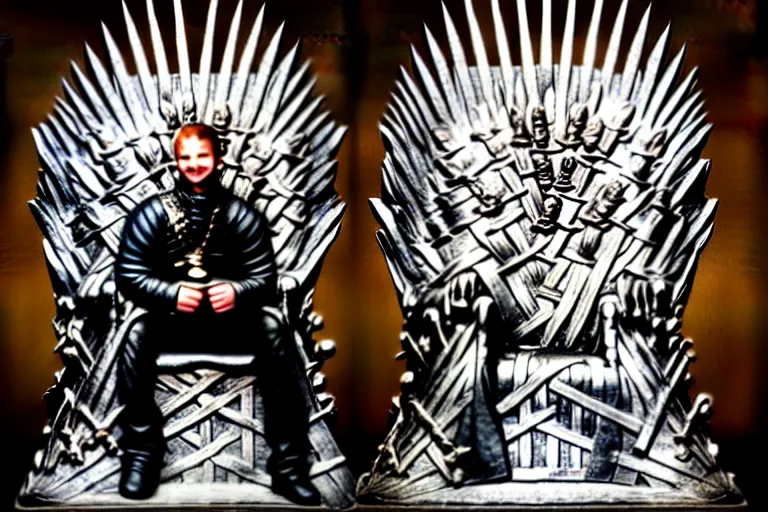 Image similar to man sitting, on a throne made of money, coins and dollars, in the style of game of thrones