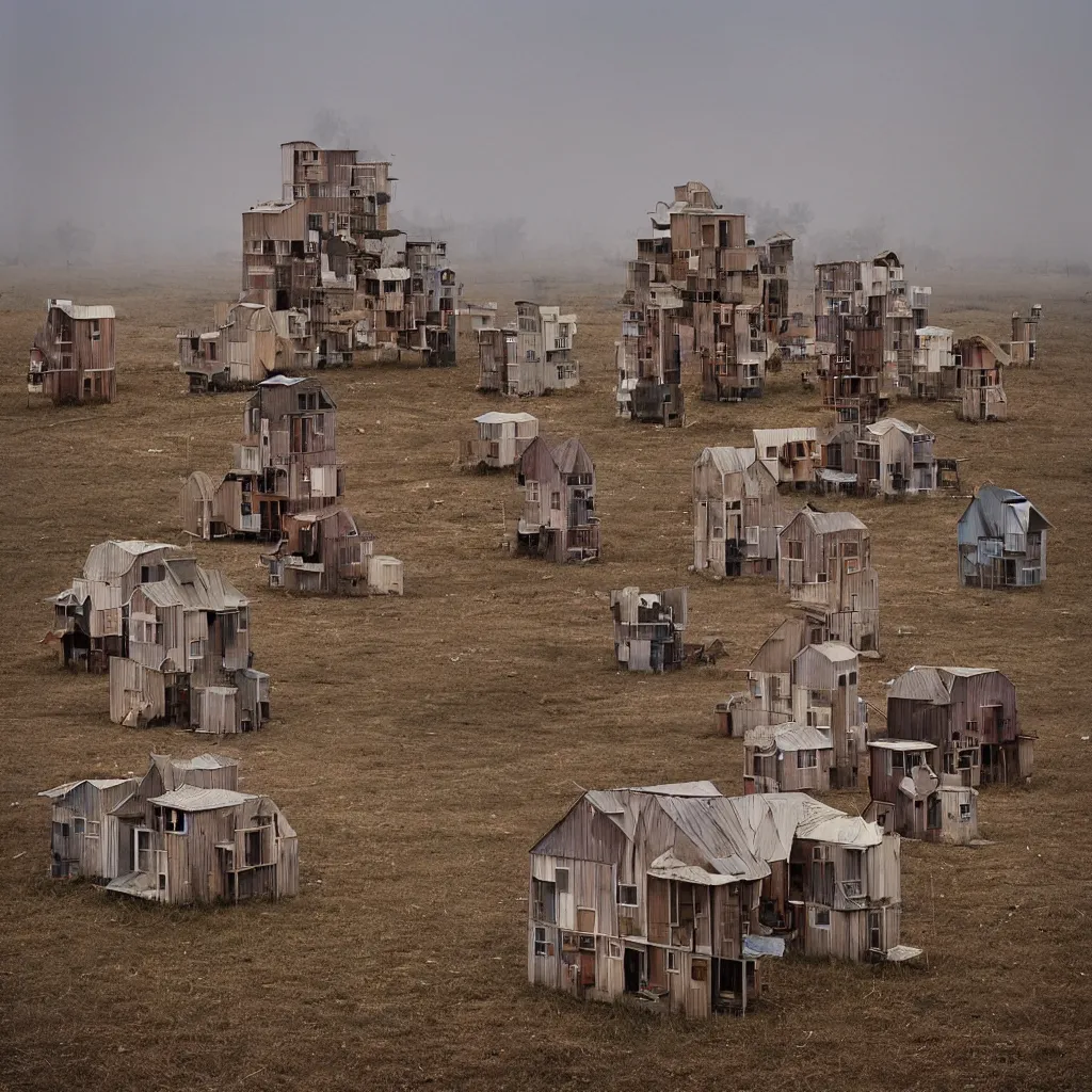 Prompt: towers made up of stacked makeshift squatter shacks with faded colours suspended over a quagmire, plain uniform sky at the back, misty, mamiya, ultra sharp, very detailed, photographed by julie blackmon, cristina de middel and john chiara