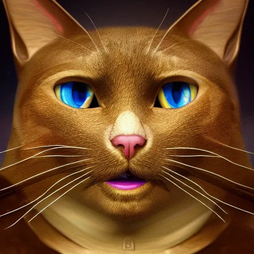 Image similar to a beautiful surreal cat smiling, highly detailed, liquid oil paint, gustave dore, leonardo da vinci, trending on artstation, lucid and intricate, rectilinear, digital art, octane, redshift, vray, 8 k, 6 4 megapixels, zbrush central, behance hd, hypermaximalist, well rendered