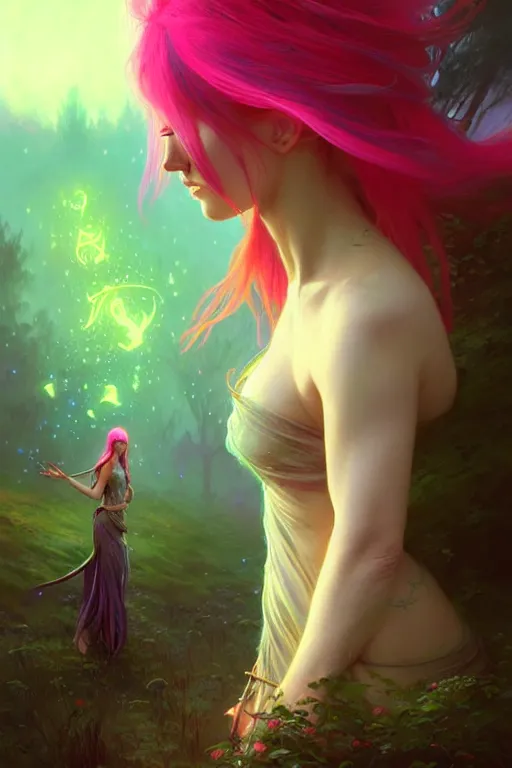 Image similar to stunningly beautiful female neon hair, fantasy art, fae priestess, mushroom forest landscape, dark light night, sharp focus, digital painting, 4 k, concept art, art by wlop, artgerm, greg rutkowski and alphonse mucha