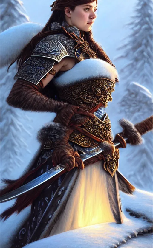 Image similar to azure viking warrior, regal, elegant, winter, snow, beautiful, stunning, hd, illustration, epic, d & d, fantasy, intricate, elegant, highly detailed, wide angle, digital painting, artstation, concept art, smooth, sharp focus, illustration, wallpaper, art by artgerm and greg rutkowski and alphonse mucha and jin xiaodi