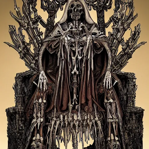 Image similar to A lich sitting on the throne made of bones, magical glow, intricate, sharp details, in the style of Kristian Wåhlin