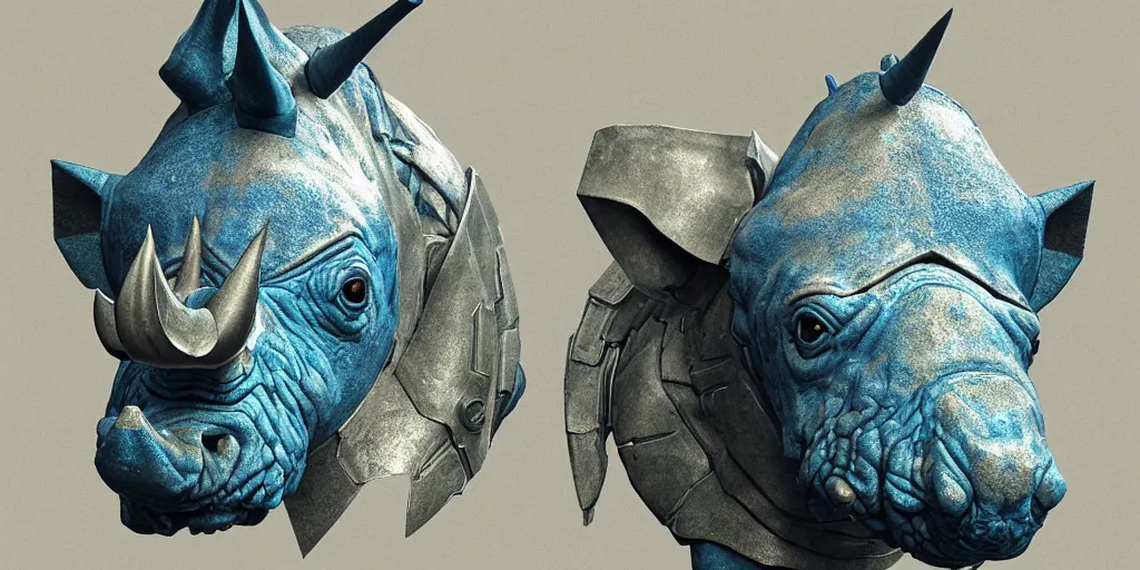Image similar to hyperrealistic bust portrait of an anthropomorphic blue Rhinoceros wearing plate paladin armor, forward angle, stunning 3d render inspired art by P. Craig Russell and Barry Windsor-Smith + perfect facial symmetry + dim volumetric lighting, 8k octane beautifully detailed render, post-processing, extremely hyperdetailed, intricate complexity, epic composition, grim yet sparkling atmosphere, cinematic lighting + masterpiece, trending on artstation