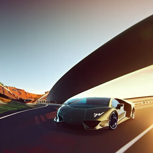 Image similar to luxury sports car driving near sea in the sunset, lamborghini design, automotiv design, unreal engine, dynamic perspective, cinematic light, 4 k