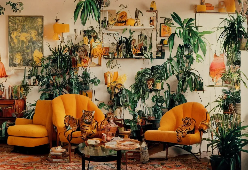 Prompt: 1970s interior magazine photo of two yellow armchairs with a lava lamp next to it, at dusk, with a tiger on the couch, wooden walls with framed art, and a potted cactus and some hanging plants, with dappled light