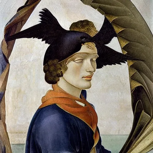 Prompt: high quality oil painting by botticelli, a raven bird standing on an open scallop shell, the wind of god zerphyr blows on it from the left