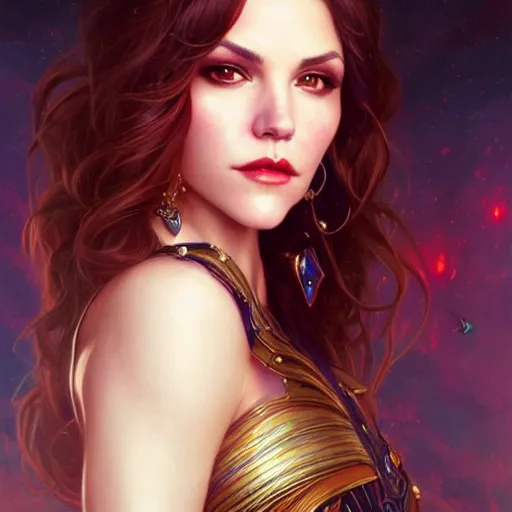 Image similar to Katherine McPhee as a fantasy magic woman portrait, sci-fi, amber eyes, face, long hair, fantasy, intricate, elegant, highly detailed, digital painting, artstation, concept art, smooth, sharp focus, illustration, art by artgerm and greg rutkowski and alphonse mucha